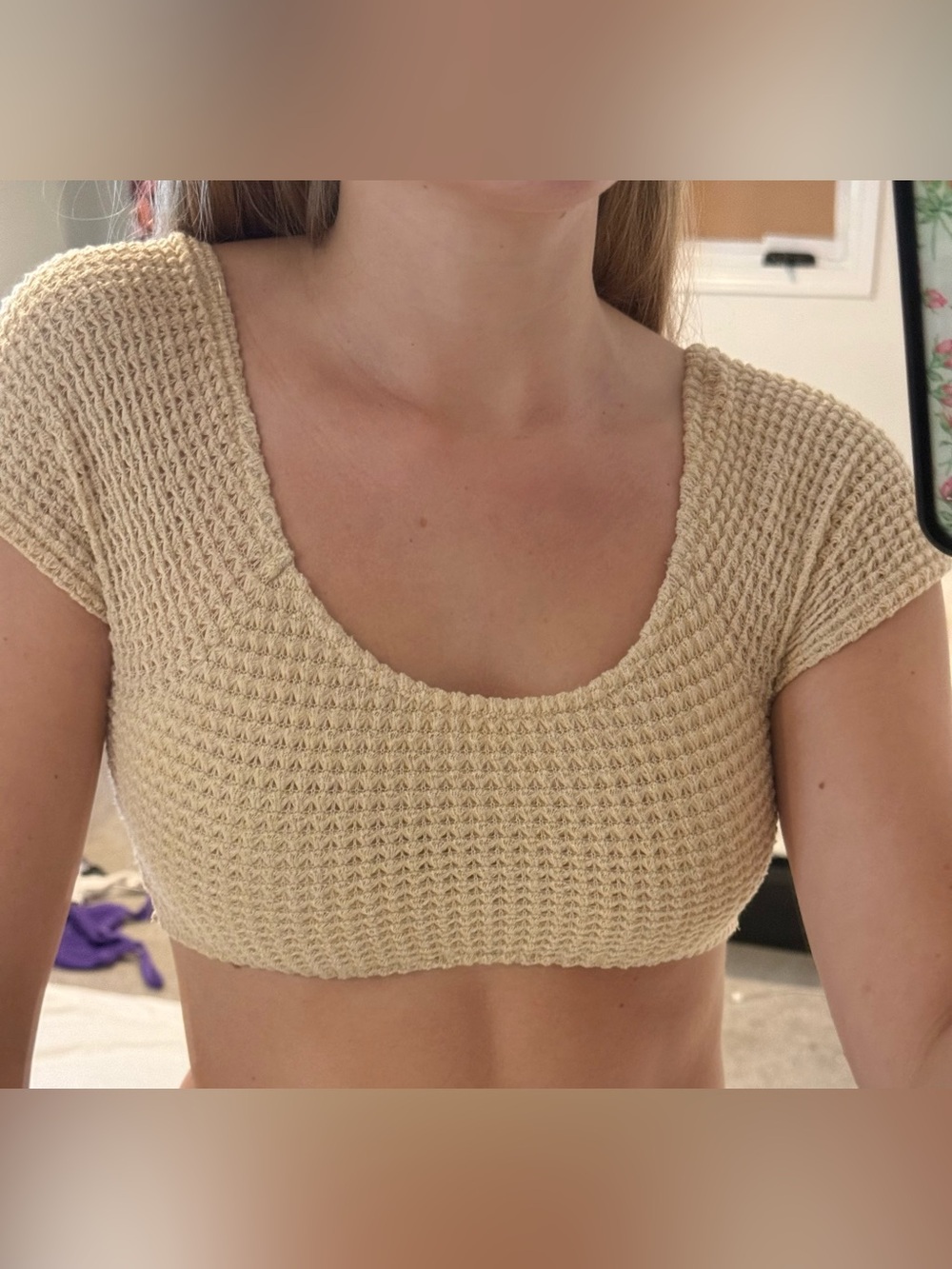 SHEIN Textured Scoop Knit Crop Top - Beige